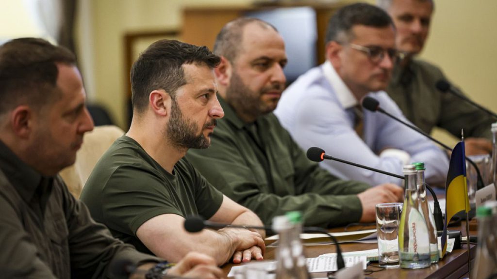 Ukrainian President Volodymyr Zelenskyy, centre left, looks on at a meeting in Odessa, Ukraine, Sunday, July 7, 2024.