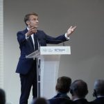 French President Emmanuel Macron speaks, during the IOC Session Opening Ceremony at the Louis Vuitton Foundation ahead of the 2024 Summer Olympics, Monday, July 22, 2024