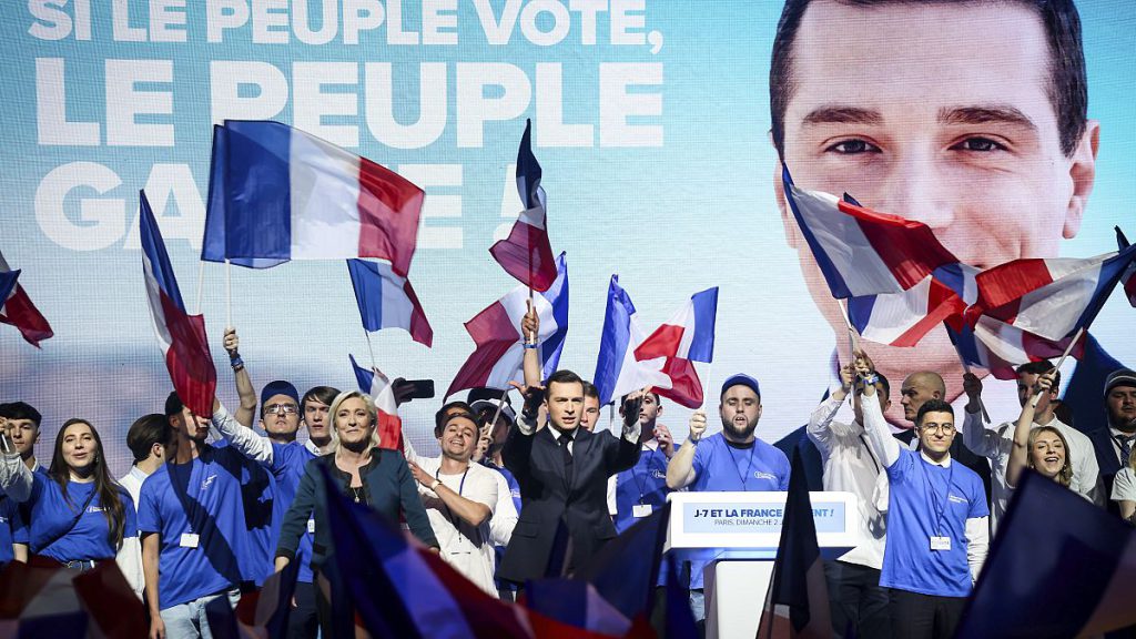 Leader of the French far-right National Rally Marine Le Pen, left, and lead candidate of the party for the upcoming European election Jordan Bardella.