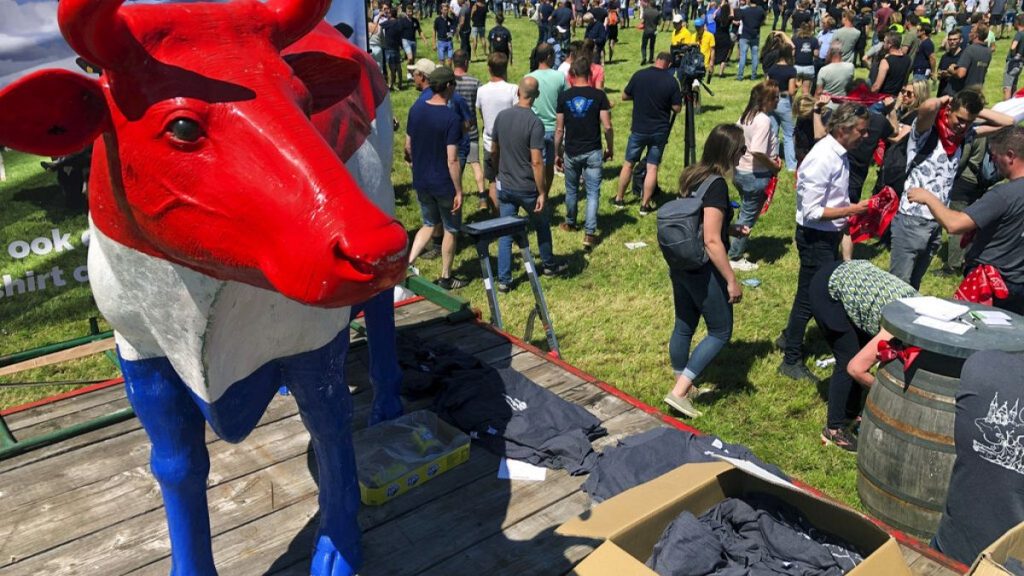 Dutch farmers protesting against the government’s plans to reduce emissions of nitrogen oxide and ammonia gather for a demonstration at Stroe, Netherlands, Wednesday, June 22