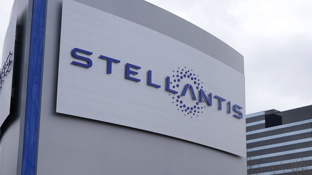 The Stellantis sign is seen outside the Chrysler Technology Center in Auburn Hills, Michigan..