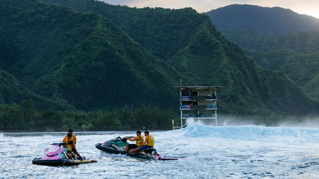 The judges tower stands on a training day before the 2024 Summer Olympics surfing competition gets underway.