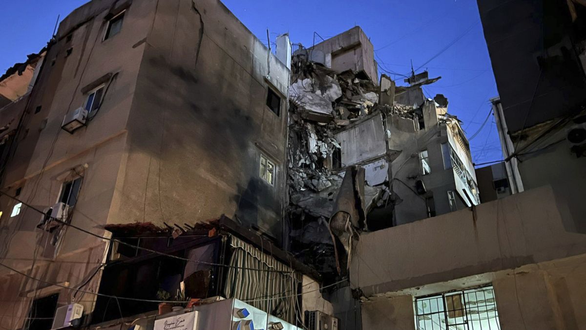 A general view shows a damaged building that was hit by an Israeli airstrike in the southern suburbs of Beirut, Lebanon, Tuesday, July 30, 2024.