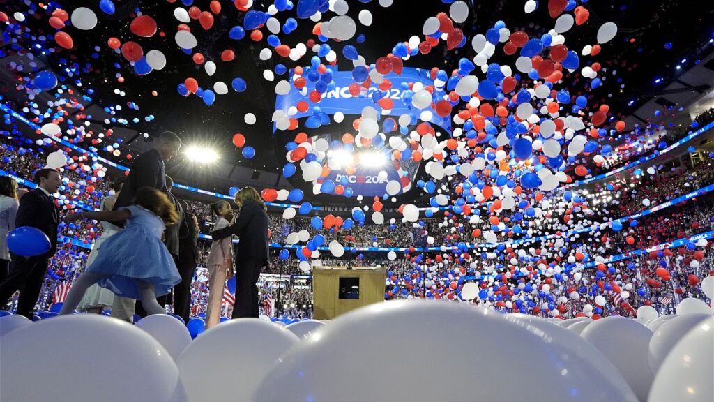 Democratic presidential nominee Kamala Harris on stage as balloons drop on the final night of the Democratic National Convention