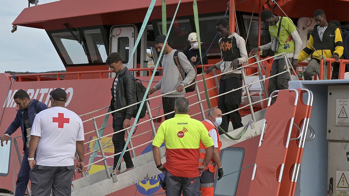 Young migrants arrive in the port of La Restinga at El Hierro in the Canary Islands in June.