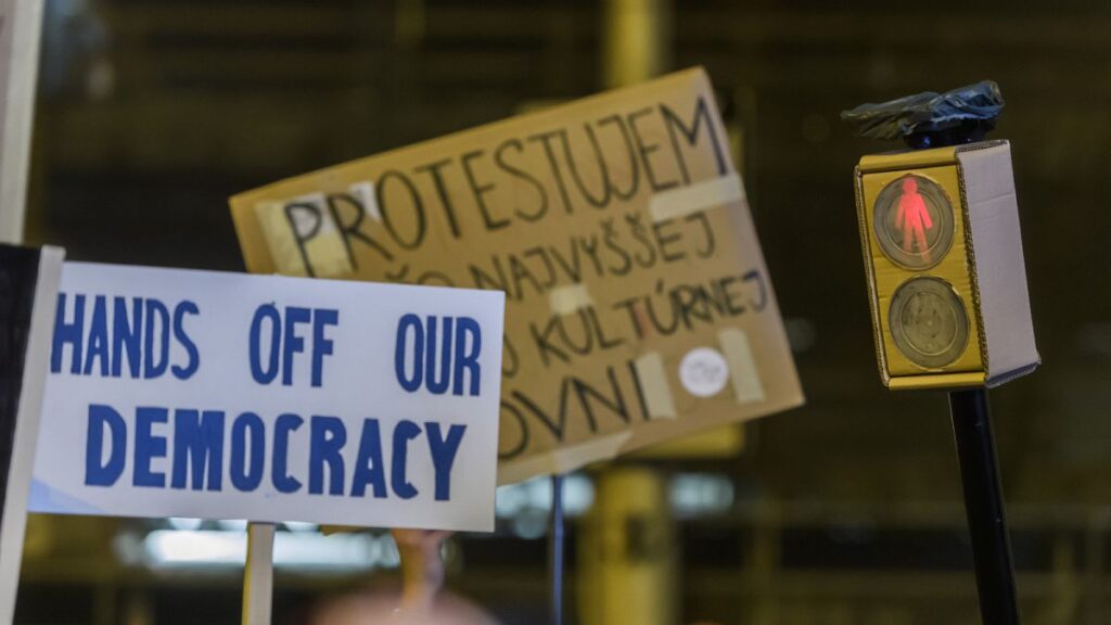 People take part in a protest against a government plan to amend the penal code in Bratislava, on Thursday, Jan. 18, 2024.