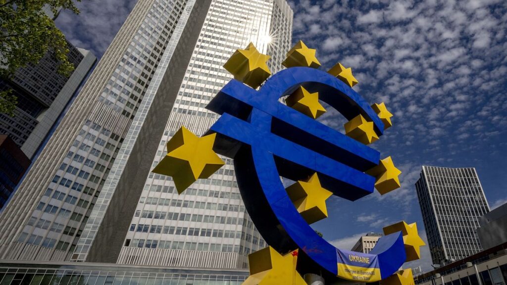 The Euro sculpture in front of the former European Central Bank in Frankfurt, Germany