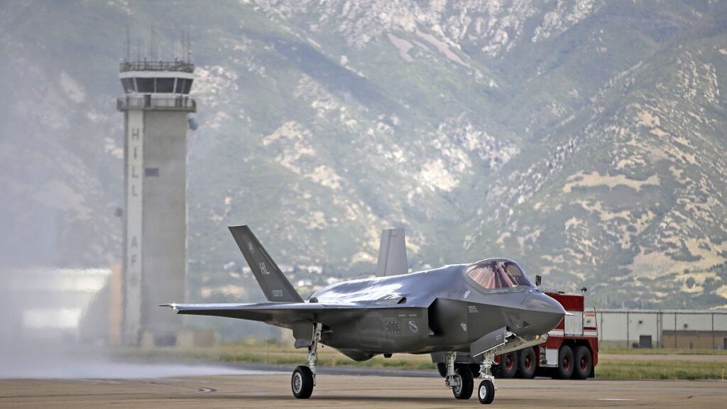 An F-35 jet arrives at it new operational base Wednesday, Sept. 2, 2015, at Hill Air Force Base, in northern Utah.