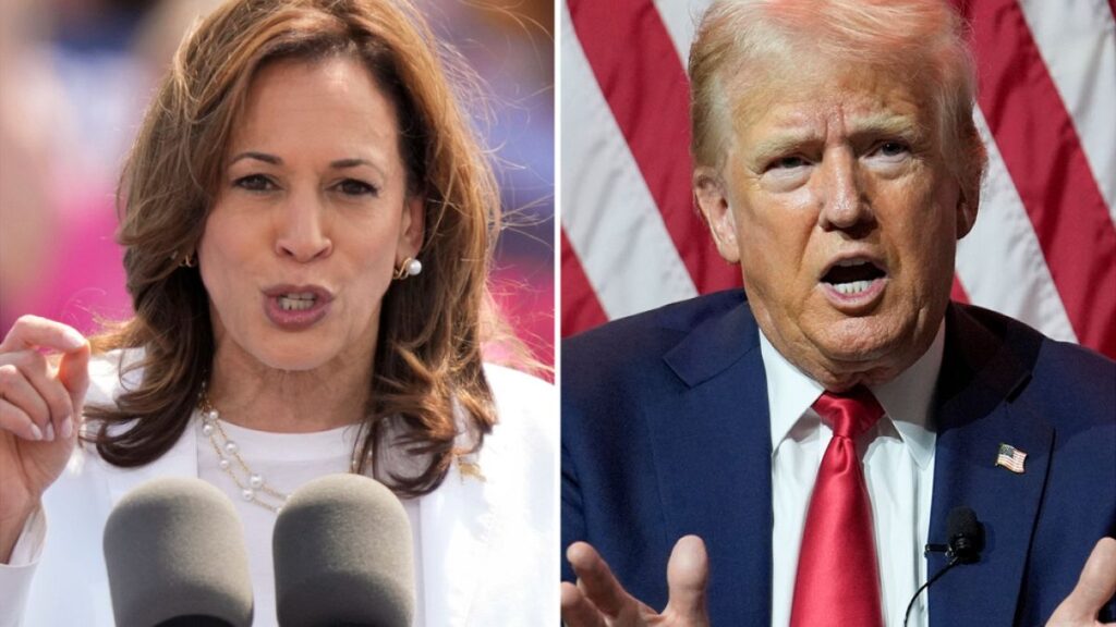 This combination of photos shows Vice President Kamala Harris, left, on Aug. 7, 2024 and Republican presidential candidate former President Donald Trump on July 31, 2024.