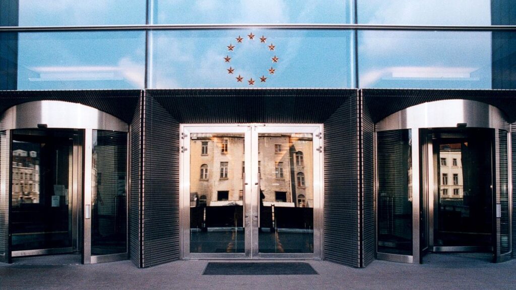 View on the entrance of the ASP building in Brussels