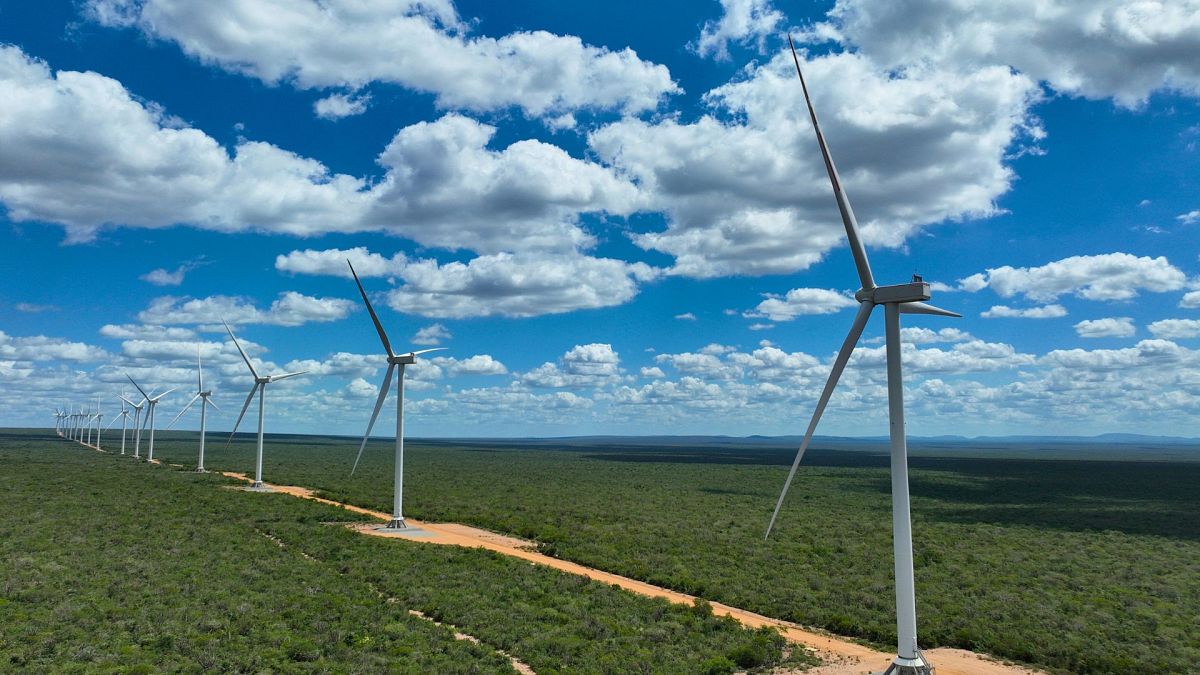 Wind turbines operate in a rural area near Canudos, Bahia state, Brazil, 9 March 2024.