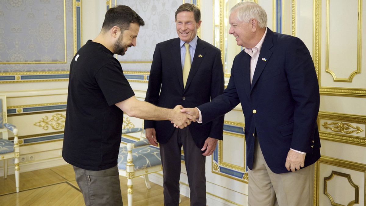 Ukrainian President Volodymyr Zelenskyy shakes hands with US senator Lindsey Graham as Richard Blumenthal looks on in Kyiv, Ukraine, Monday, Aug. 12, 2024.