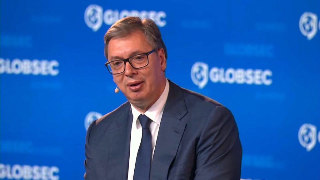 Serbian President Aleksandar Vučić speaking at the GLOBESEC forum in Prague, August 31, 2024