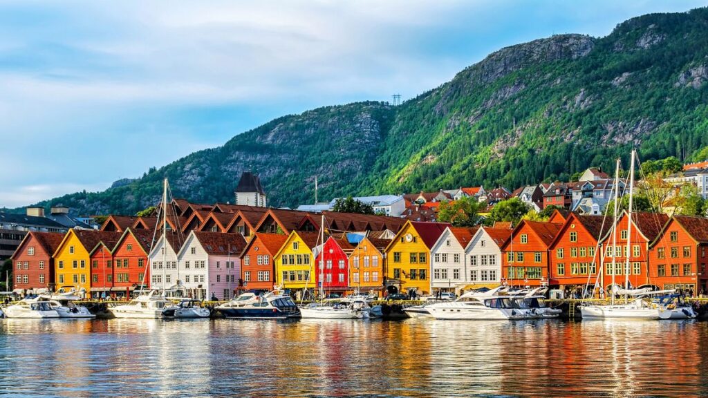 Bryggen in Bergen, Norway, faces coastal flood and drought risks.