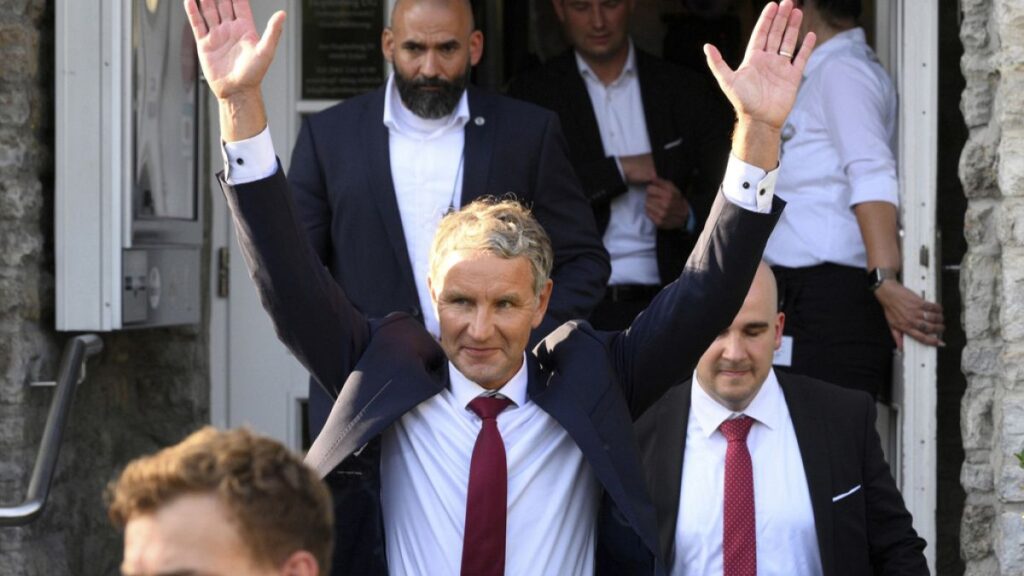 Björn Höcke, party and parliamentary group leader of the AfD in Thuringia and top candidate, leaves the AfD election party in Erfurt, Germany, Monday Sept. 2, 2024.