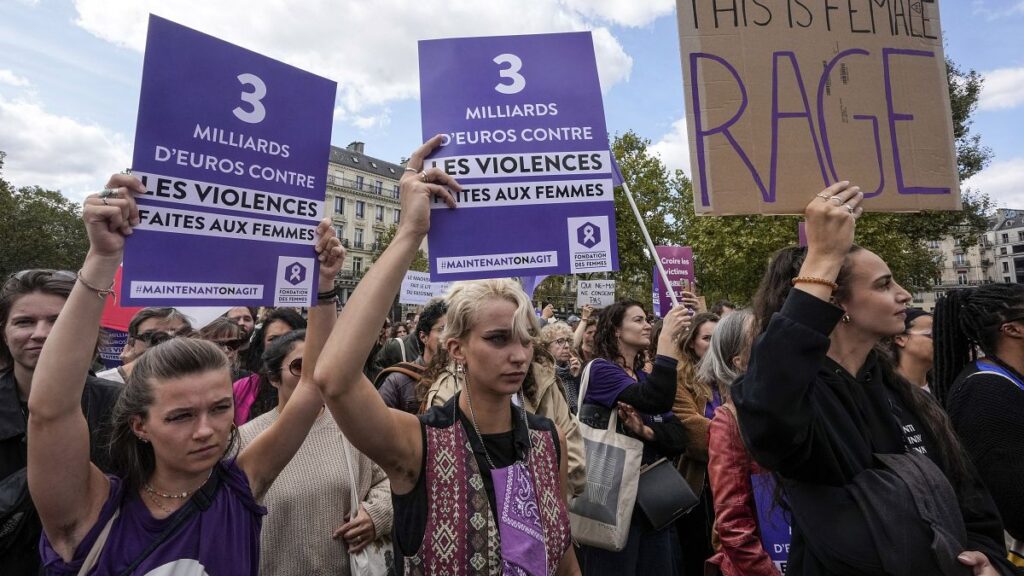 People take part in a gathering in support of 71-year-old Gisèle Pélicot who was allegedly drugged by her ex-husband and raped by dozens of men, September 14, 2024