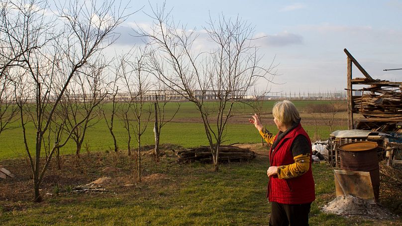 Judit Szemán dokonuje przeglądu gruntów rolnych za bramami fabryki.