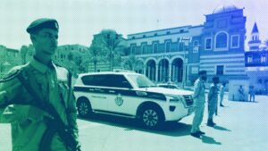 Libyan soldiers guard the Central Bank headquarters in Tripoli, August 2024