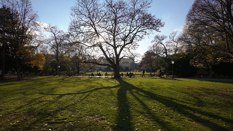 Ludzie spędzają słoneczne popołudnie w ogrodzie Stadtpark w Wiedniu.