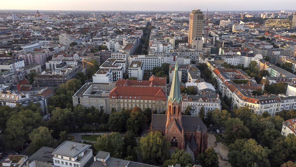 Arial view of the Wilmersdorf district with office buildings and apartment houses close to the catholic St. Ludwig church in Berlin, Germany, Tuesday, Sept. 7, 2021.