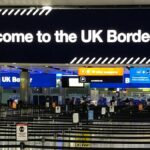 A UK border sign welcomes passengers on arrival at Heathrow airport in west London.