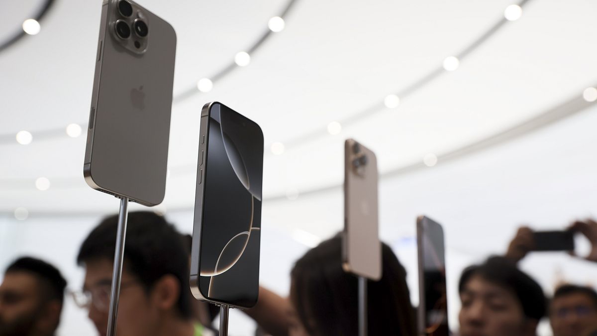 The new iPhone 16 is displayed during an announcement of new products at Apple headquarters Monday, Sept. 9, 2024, in Cupertino, Calif.