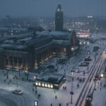 Aerial view of a snow-covered street in Helsinki, Finland