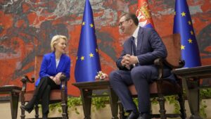 Serbian President Aleksandar Vucic, right, speaks with European Commission President Ursula von der Leyen at the Serbia Palace in Belgrade, Serbia, Tuesday, Oct. 31, 2023.