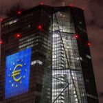 A light installation is projected onto the the European Central Bank in Frankfurt