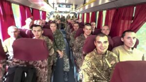 Screengrab from video released by Russian Defence Ministry showed Russian military personnel on a bus travelling through an undisclosed location, September 14th 2024