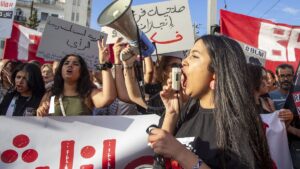 Tunisians take part in a protest against President Kais Saied ahead of the upcoming presidential elections, September 13, 2024