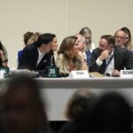 Wopke Hoekstra (L), Teressa Ribera and Dan Jorgensen at the COP28 summit in Dubai last year. The trio is now set to lead the EU