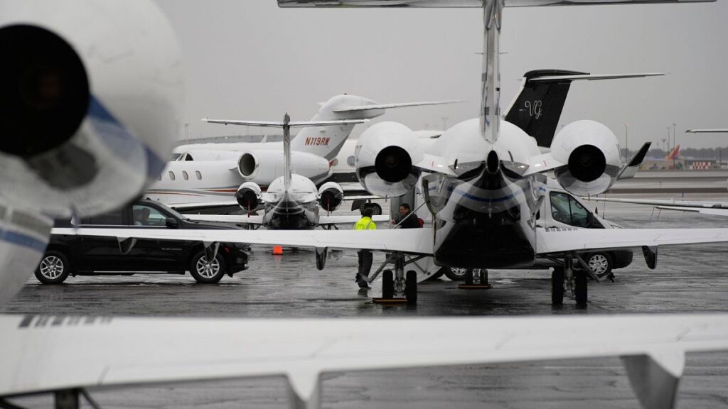 Planes are parked at a private jet terminal at Harry Reid International Airport ahead of the Super Bowl.