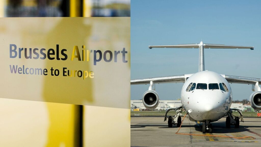 Welcome sign and plane getting fuelled at Brussels Airport