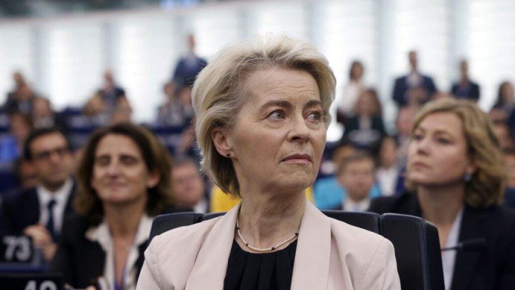 European Commission President Ursula von der Leyen addresses a media conference at the end of an EU summit in Brussels, Thursday, Dec. 19, 2024.