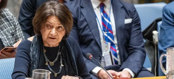 Rosemary DiCarlo, Podsekretarz Generalny ds. Politycznych i Budowania Pokoju Organizacji Narodów Zjednoczonych, przemawia na posiedzeniu Rady Bezpieczeństwa, dotyczącym pokoju i bezpieczeństwa na Ukrainie.