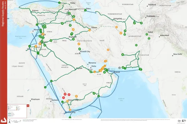 Mapa regionalnych szlaków dostaw przedstawiająca sieć logistyki humanitarnej na Bliskim Wschodzie, w Afganistanie i Afryce Wschodniej, z dnia 25 maja 2026 r.