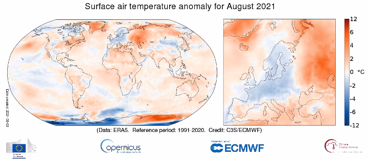 Anomalia temperatury powietrza powierzchniowego w sierpniu 2021 r. w stosunku do średniej sierpniowej z lat 1991-2020. Źródło danych: ERA5
