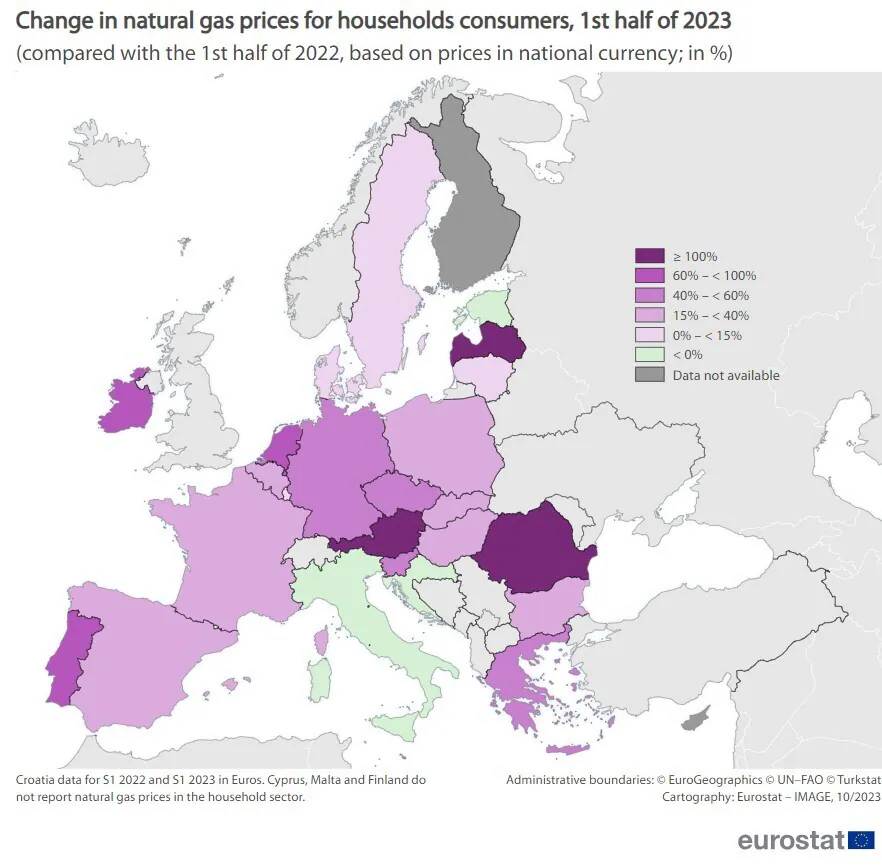 Mapa ilustrująca zmianę cen gazu ziemnego dla odbiorców domowych.