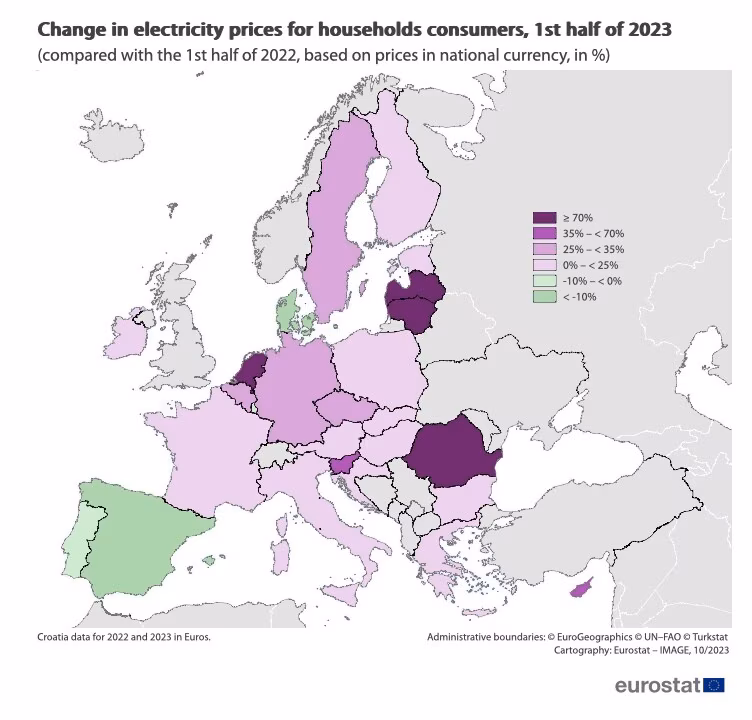 Mapa ilustrująca zmianę cen energii elektrycznej dla odbiorców domowych.